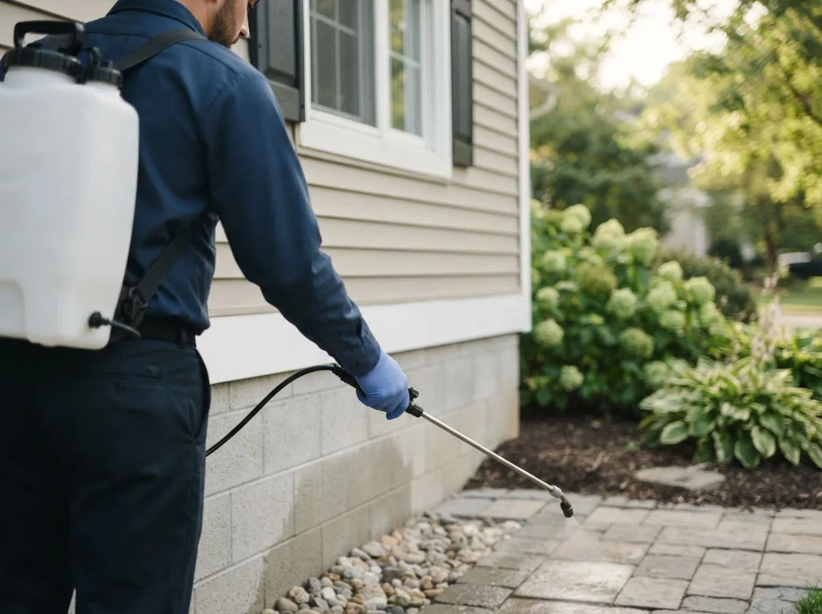 Pest control technician inspecting a home in Farmer, OH
